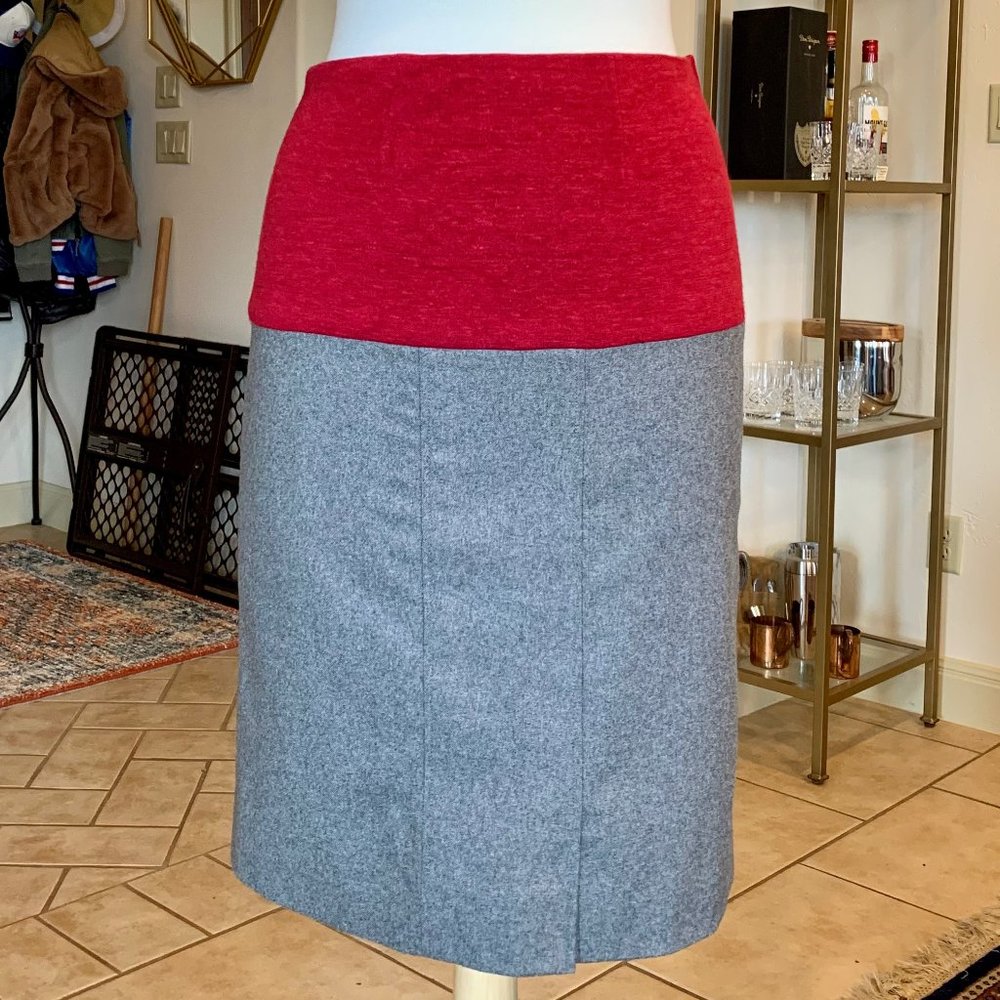 Chanel Red and Gray Color-Block Wool Pencil Skirt
